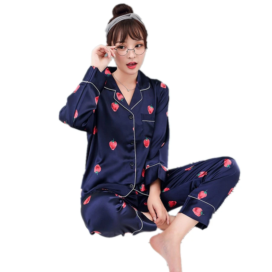 Пижамный комплект для женщин с принтом клубники атласная пижама шелковое белье