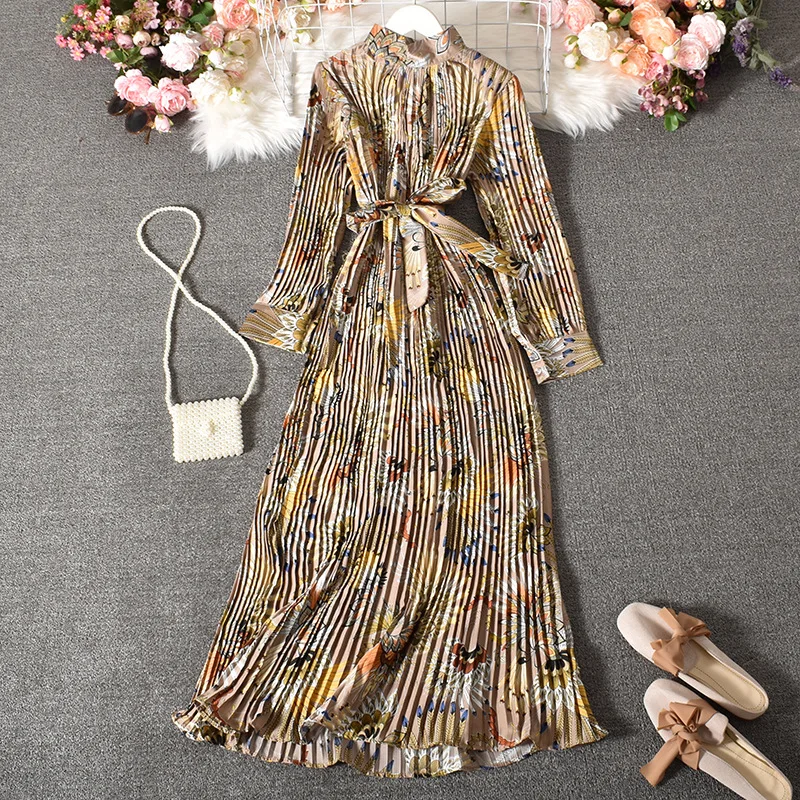 

Pleated Vintage Dress Woman Long Sleeve Ankle-Length Party Dresses for Women 2021 Stand Sashes Boho Long Maxi Dress Autumn
