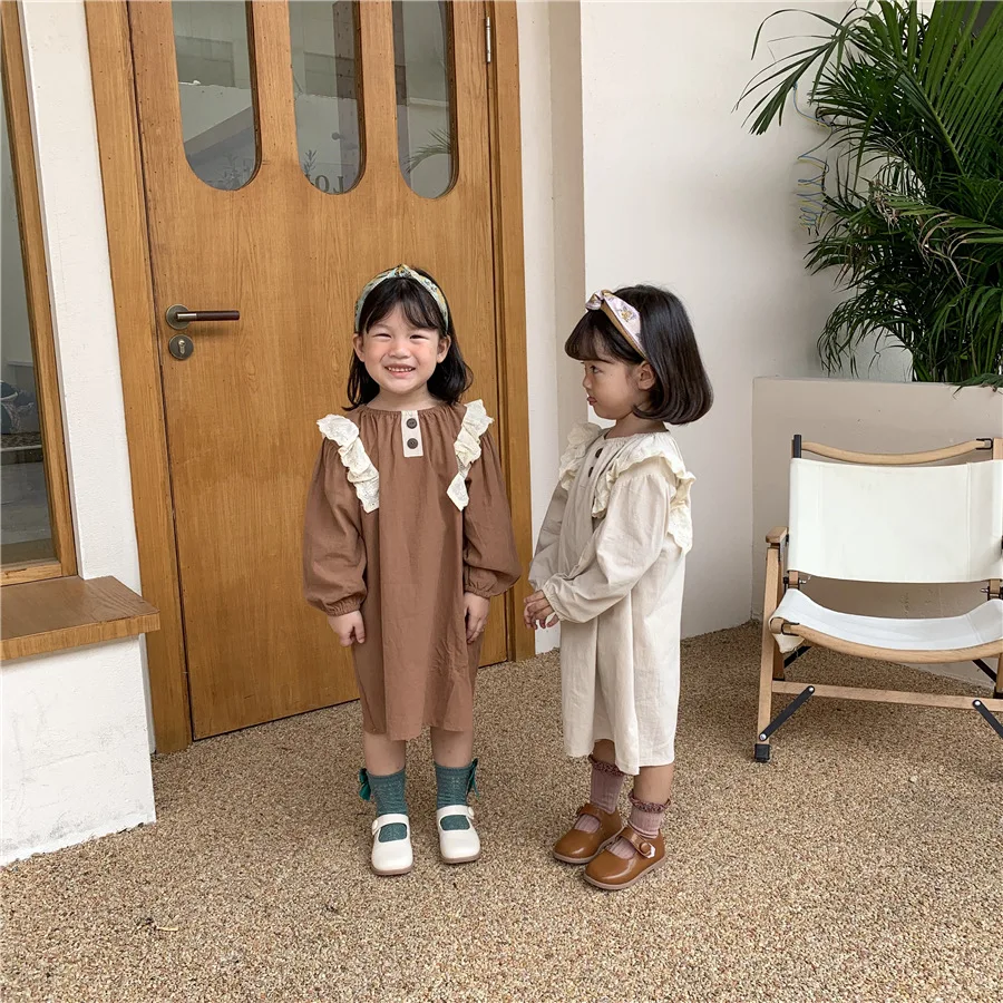 

Весенне-осеннее хлопковое модное кружевное платье для маленьких девочек милое льняное платье принцессы в Корейском стиле с длинным рукаво...