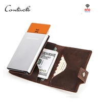 contacts crazy horse leather men wallet rfid blocking credit card holder aluminum box automatic pop up business security purse