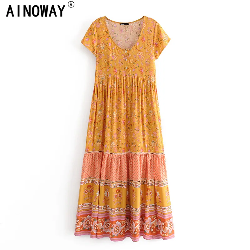 Винтажное шикарное женское желтое платье с цветочным принтом Пляжное богемное