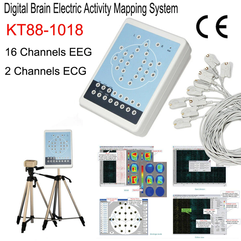 KT88-1018 Digital Brain Activity Mapping System 16 Channel EEG 2CH ECG Machines Auto-Analysis FFT Monitor+2 Tripod +PC software | Красота и