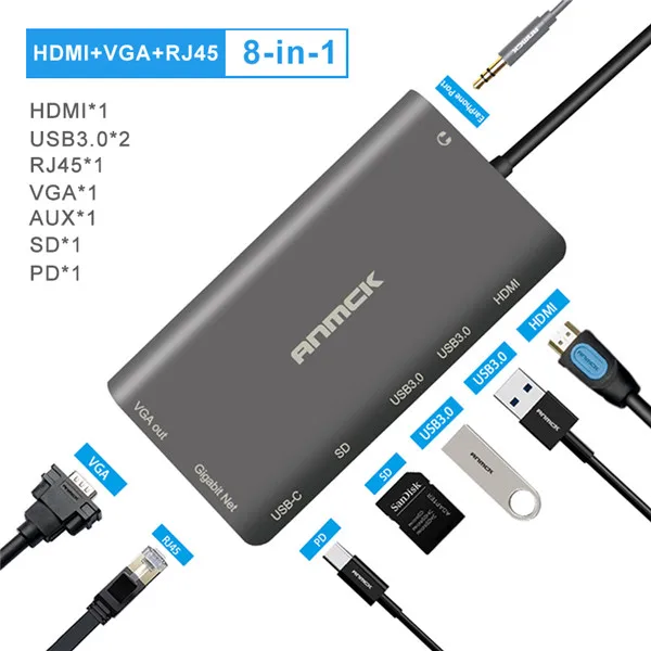 Anmck USB C HUB USB to Multi HDMI USB 3.0 RJ45 Carder Reader OTG Adapter USB Splitter for MacBook Pro Air USB Dock Type C HUB - Цвет: 8 in 1 hub