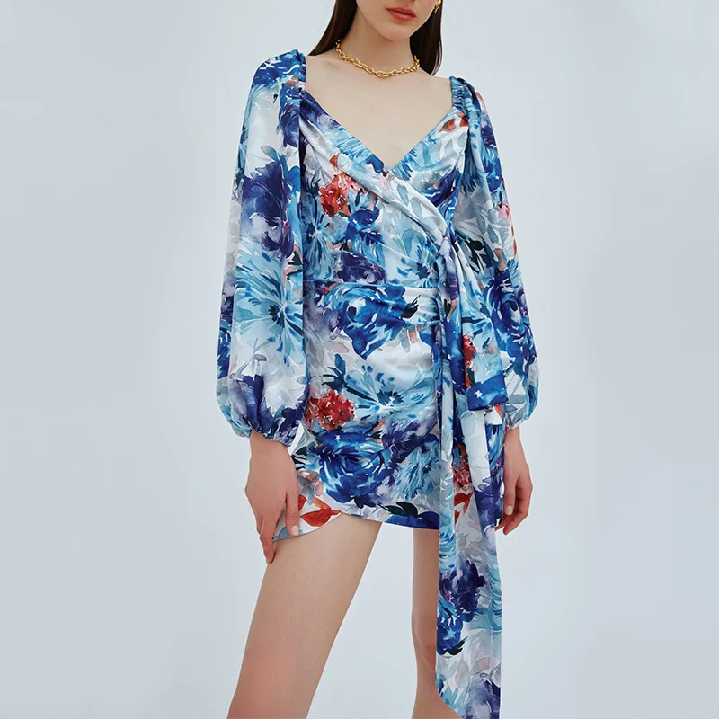 

Autumn 2020 New Fashion Temperament Sexy V-Neck Pleated Waist Slim Print Short Dress Print Vintage Slim Dresses Vestoidos