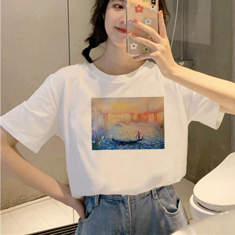 

New T Shirt Women Kawaii Top Cartoon Graphic Tees Funny Beautiful Oil Painting Harajuku T-shirt Unisex Fashion Tshirt Female