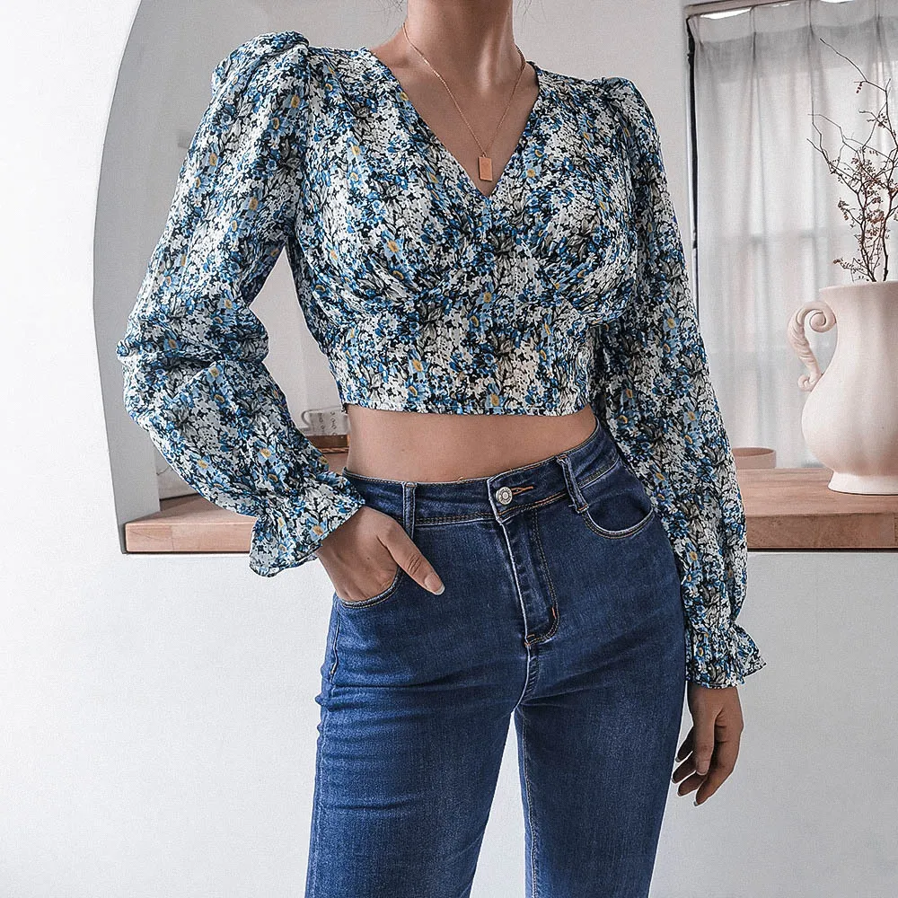 

Fanco 2020 Autumn New V-Neck Flare Long Sleeve Woemn Blouse Holiday Chiffon Shirt Floral Print Puffed Shoulder Blusas De Muje