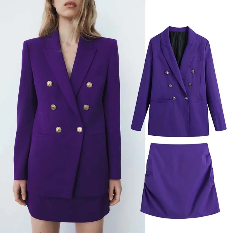 

ZBZA Women Suits With Skirt Set New Year Spring Autumn Office Suit Blazer Jacket+High Waist Mini Skirt Suits Women Outfits
