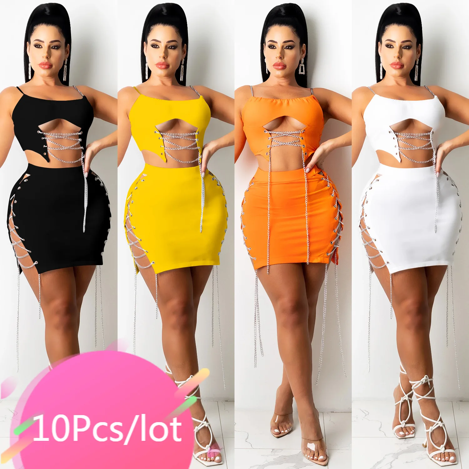 

Bulk Item Wholesale Lots Summer 2 Piece Skirt Set Women Chain Lace Up Crop Top Mini Skirt Suit Sexy Night Clubwear Matching Set