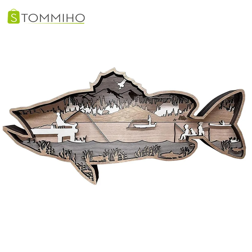 

STOMMIHO Wooden Fish Wall Art Decor Largemouth Bass Fish Crappie Fish Woodcarving Craft Christmas Birthday Gifts Home Decor