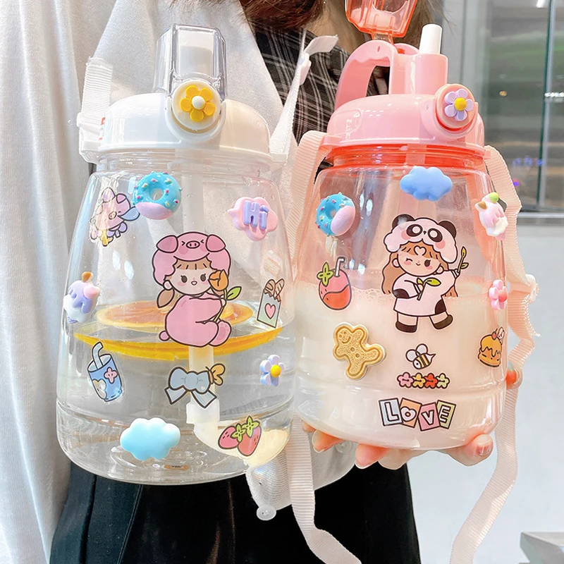 

Симпатичная бутылка для воды для девочек Kawaii пластиковые бутылки для воды с соломинкой большой емкости уличная спортивная двойная бутылка ...