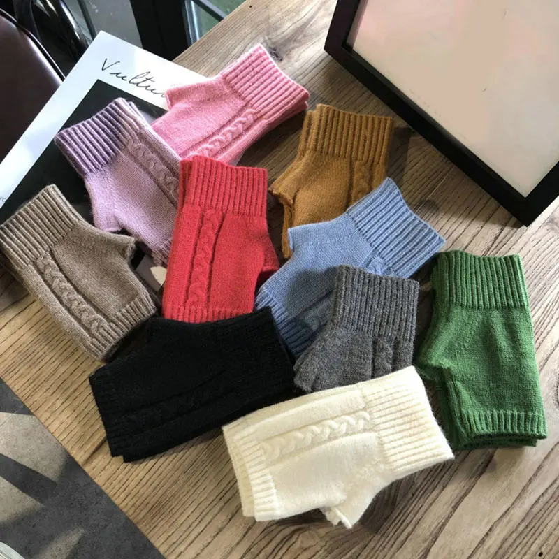 

Autumn Winter Warm Half-finger Gloves Knitted Solid Color Wool Crochet Knitting Fingerless Arm Gloves Hand Warmer Unisex Mittens