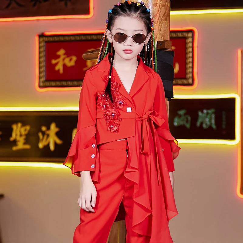 

2020 Jazz Dance Costumes For Kids Red Outfits Girls Chinese Style Hip Hop Modern Dance Clothes Performance Stage Wear 120-170