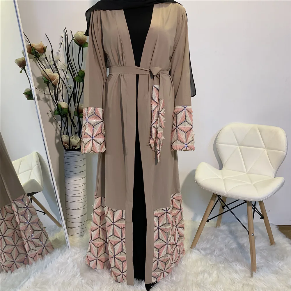 Khaki cardigan Необычные кружевные арабские одежды абайя для женщин Дубай турецкий хиджаб Ислам Мусульманское Платье Зима Осень хаки кимоно длинный кафтан Marocain - Цвет: Khaki cardigan
