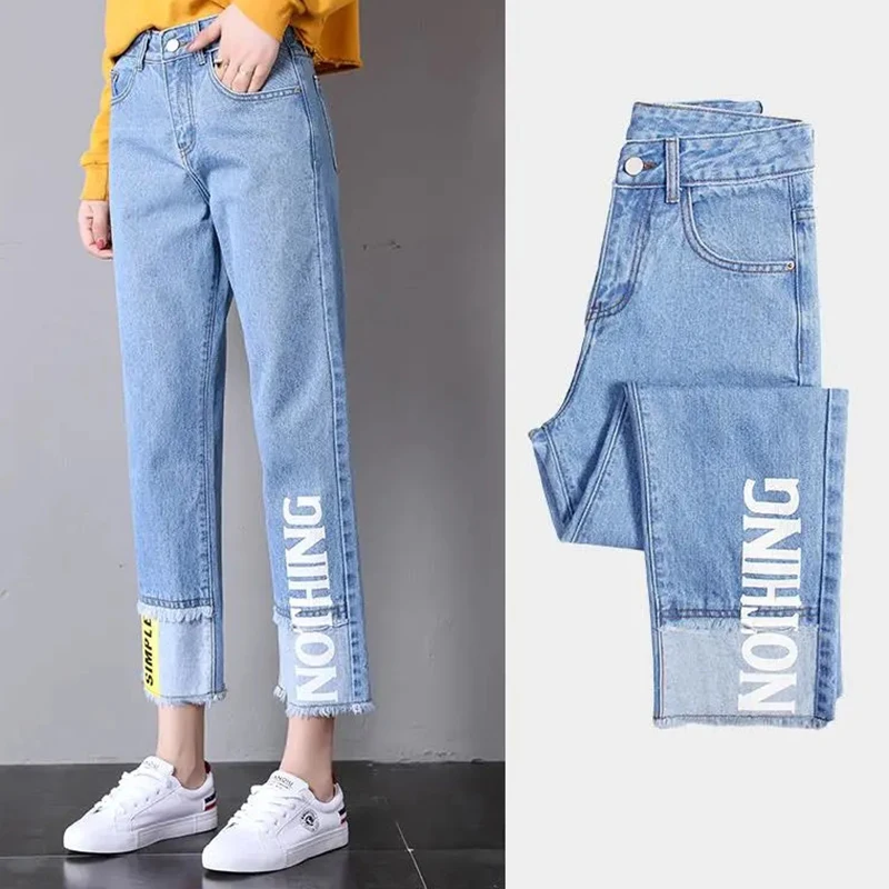 

Women Print Straight Jeans Soft Plus Size 26-32 Spring Autumn Ankle-Length Denim Pants Ladies Office Work High Waist Trosuers