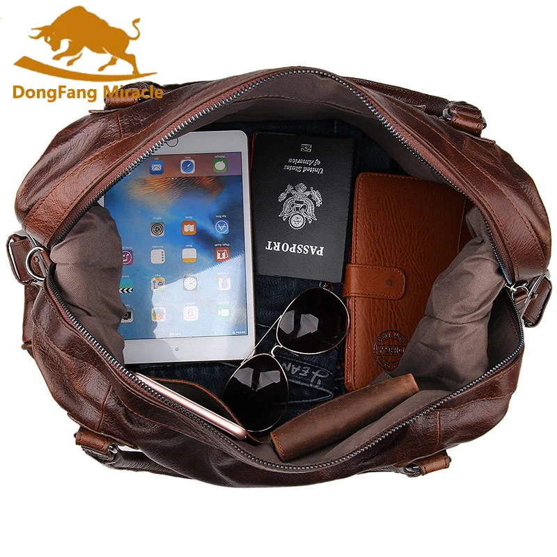 

DongFang Miracke Vintage Genuine Leather Men's Classic Travel Bag Luggage Handbag Large Capacity Cross Body Duffle Bag Huge 17"
