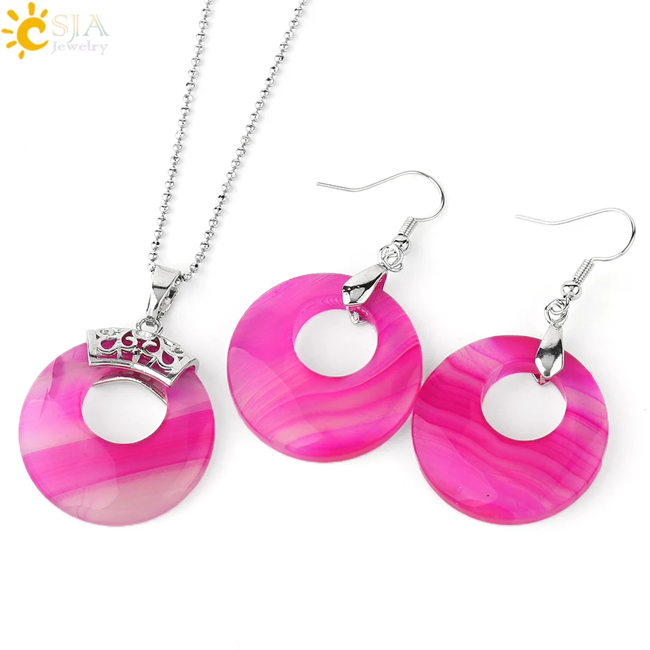 Rose Red Agate CSJA Ювелирные наборы для женщин натуральный полый круглый камень оникс унакит Фиолетовый Кристалл Опал серьги ожерелья Исцеление E568 - Окраска металла: Rose Red Agate