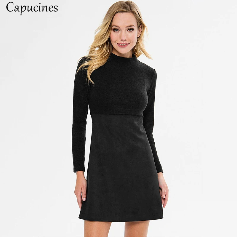 Леди Сращивание Замшевое платье Осень зима Повседневная Длинные рукова