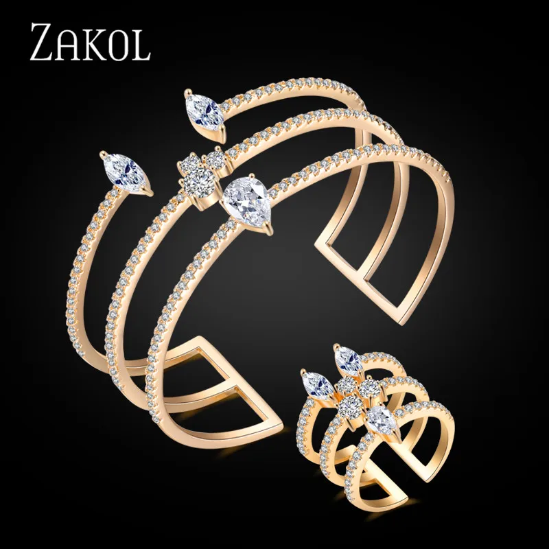 ZAKOL, Новое поступление, круглая форма, изысканные микро браслеты-манжеты, браслет и Открытое кольцо, набор для женщин, мужская бижутерия, FSSP394 - Окраска металла: Set Gold