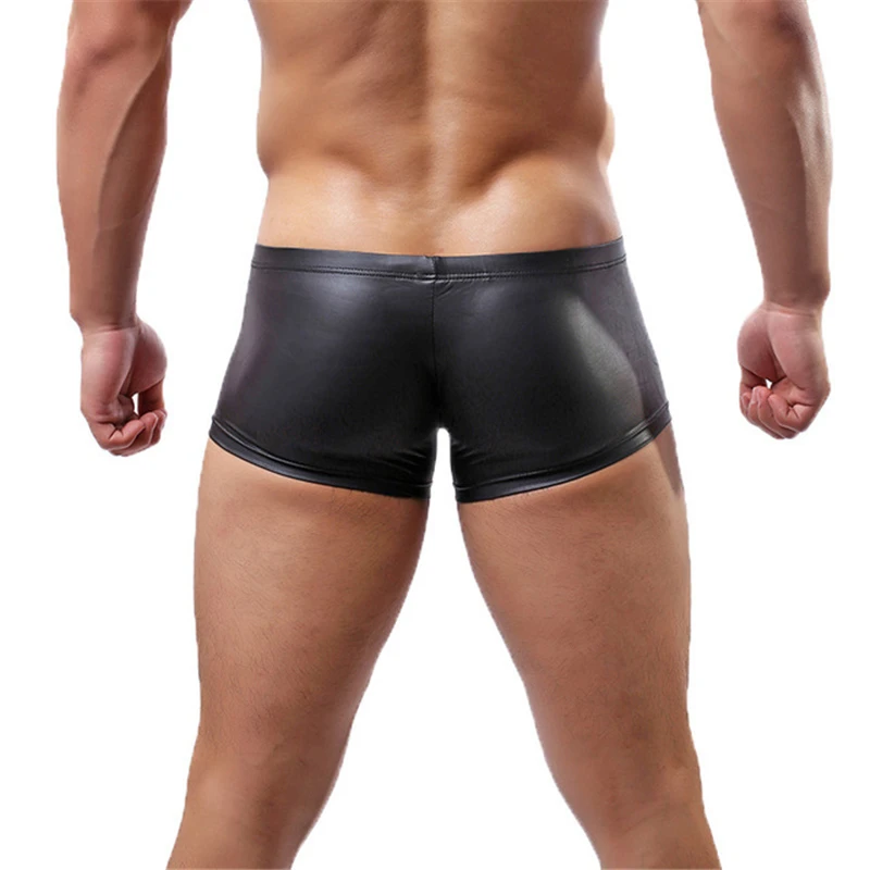 

Sexy underwear cueca boxer Men faux leather shorts EU size Solid Color Skinny boxers Sexy Plus Size Gay U Pouch Tight shorts