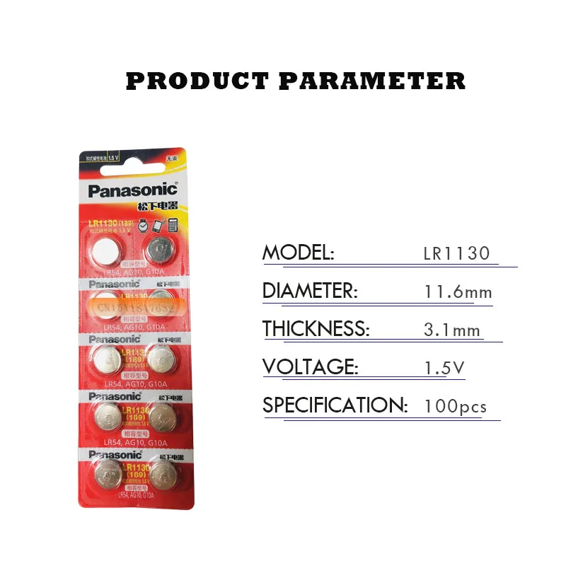 100 шт. 100% натуральная оптовая продажа PANASONIC LR54 189 AG10 L1131 SR1130 G10 V10GA 389 Щелочная Кнопка