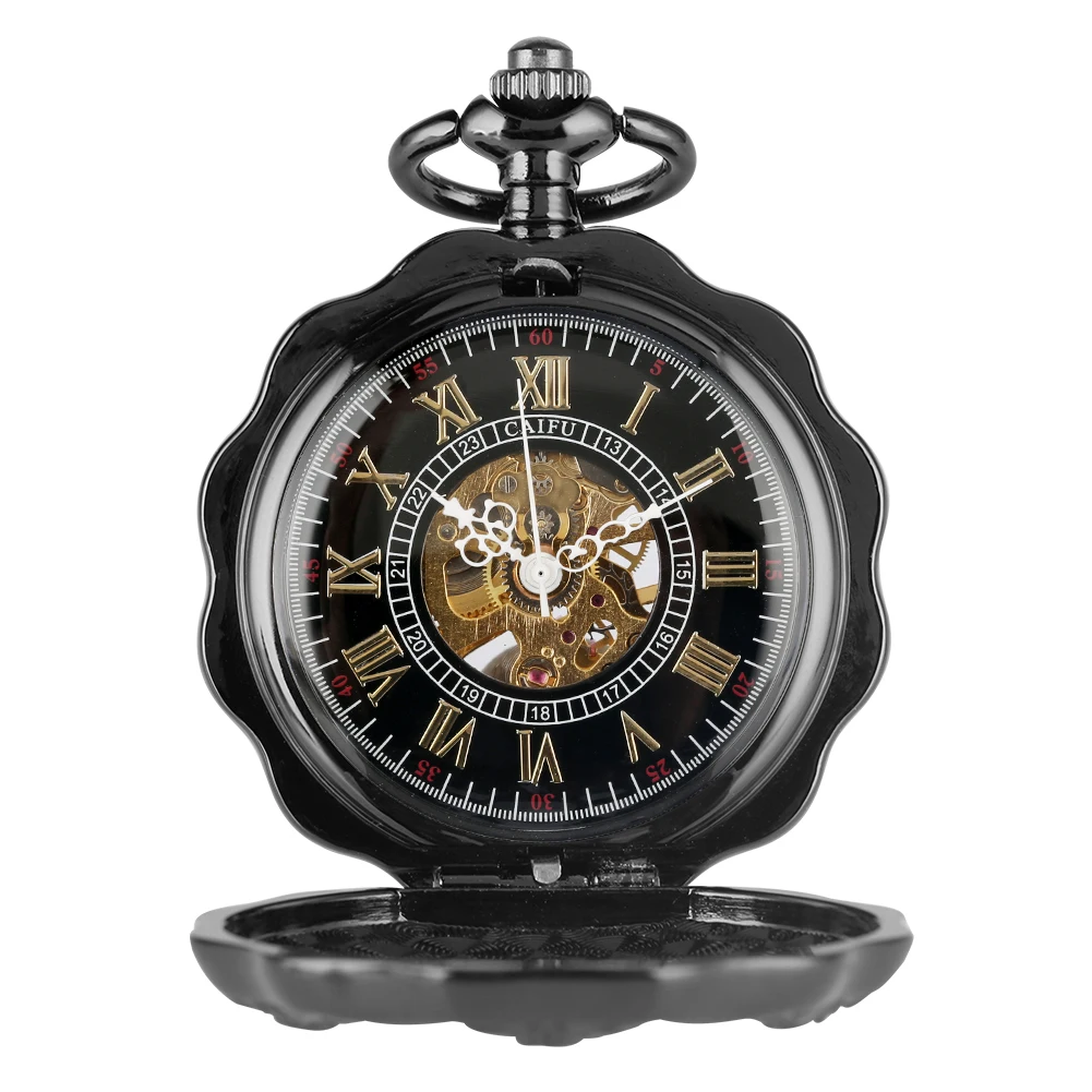

Vintage Black Pumpkin Luminous Mechanical Pocket Watch Hollow Analog Skeleton Clock Steampunk Hand Winding Fob Pendant Watches