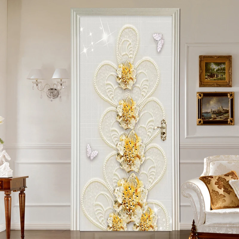 

PVC Self-Adhesive Waterproof Door Sticker European Style 3D Luxury Diamond Flowers Wallpaper Living Room Bedroom 3D Door Decal