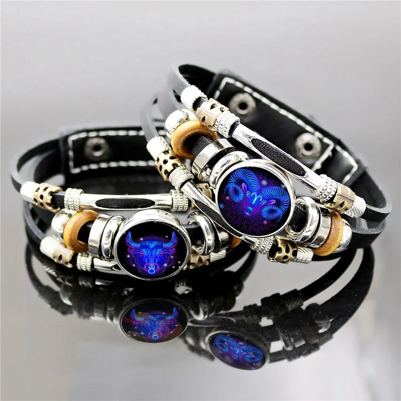 Браслет из кожи 12 знаков зодиака светящийся многослойный с бисером | Украшения и