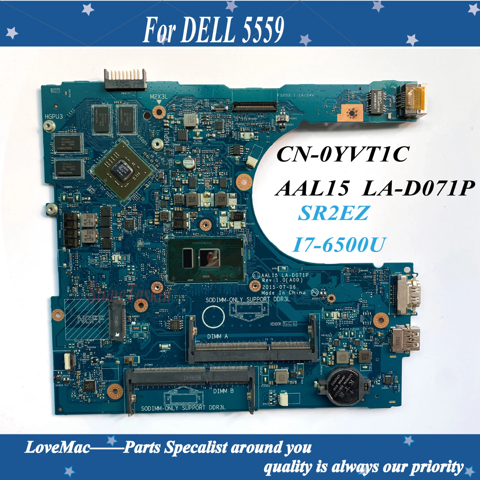 

Высокое качество CN-0YVT1C для DELL 5559 материнская плата портативного компьютера с SR2EZ I7-6500U Процессор R5 M335 4G GPU AAL15 LA-D071P 0YVT1C 100% тестирование