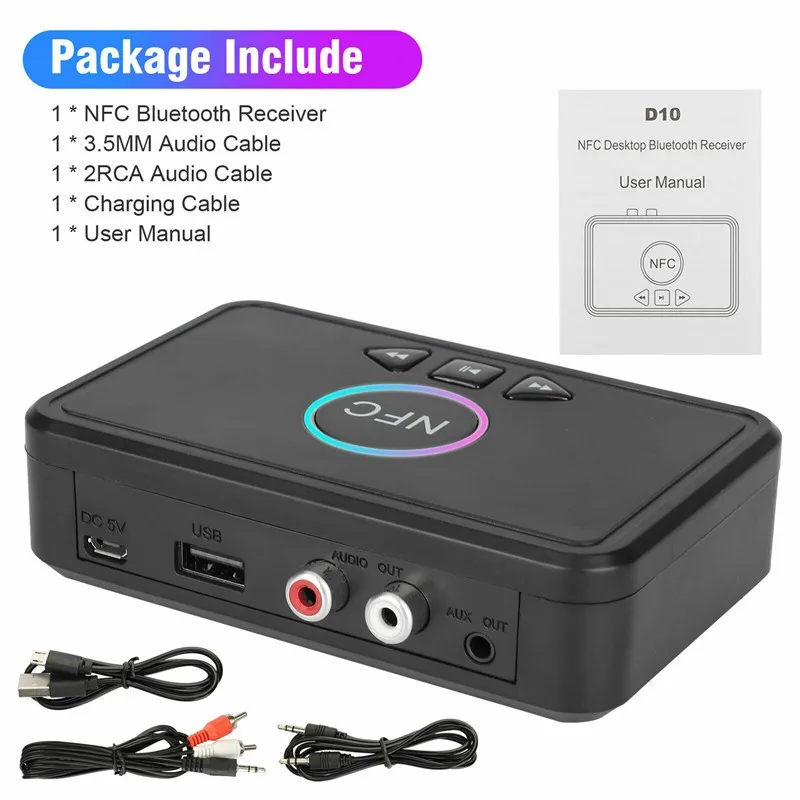 

Bluetooth 5.0 Wireless Receiver Audio Transmission Stereo Music Support NFC Connect With RCA 3.5 AUX Jack Adapter