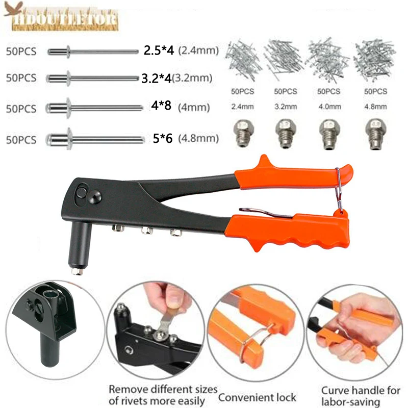 

Professional German Style Hand Riveter Rivet Gun Kit with 200pcs Metal Rivets for Automotive Railway Furniture Instrument