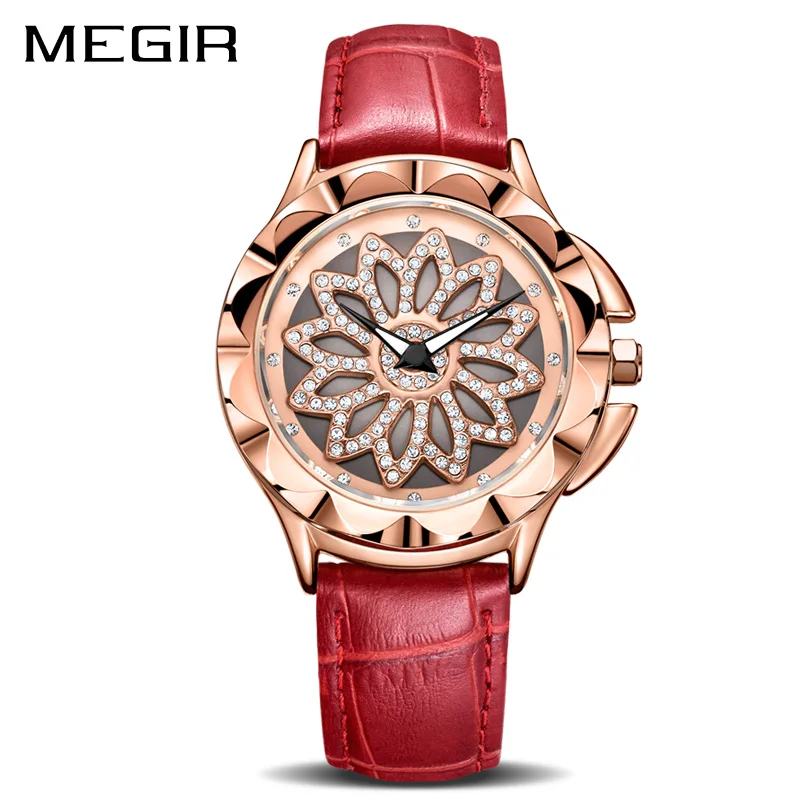 

MEGIR Luxury Women Watches Fashion Rotated Dial Ladies Quartz Watch Red Leather Lovers Girl Wristwatches Clock Relogio Feminino