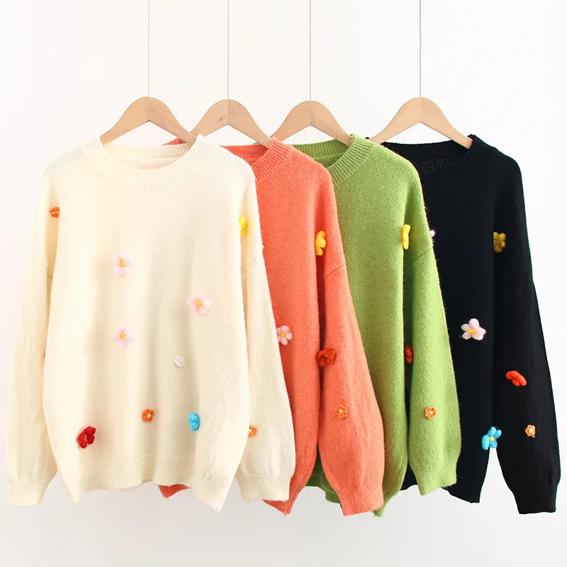 Женские свитера с вышивкой милые свободные пуловеры со стерео цветочным