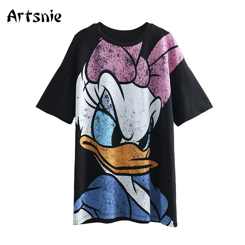 

Artsnie Streetwear Loose Cartoon Women t shirt Summer 2019 O Neck Short Sleeve Black Knitted Tees Top Female Casual Girl t-shirt