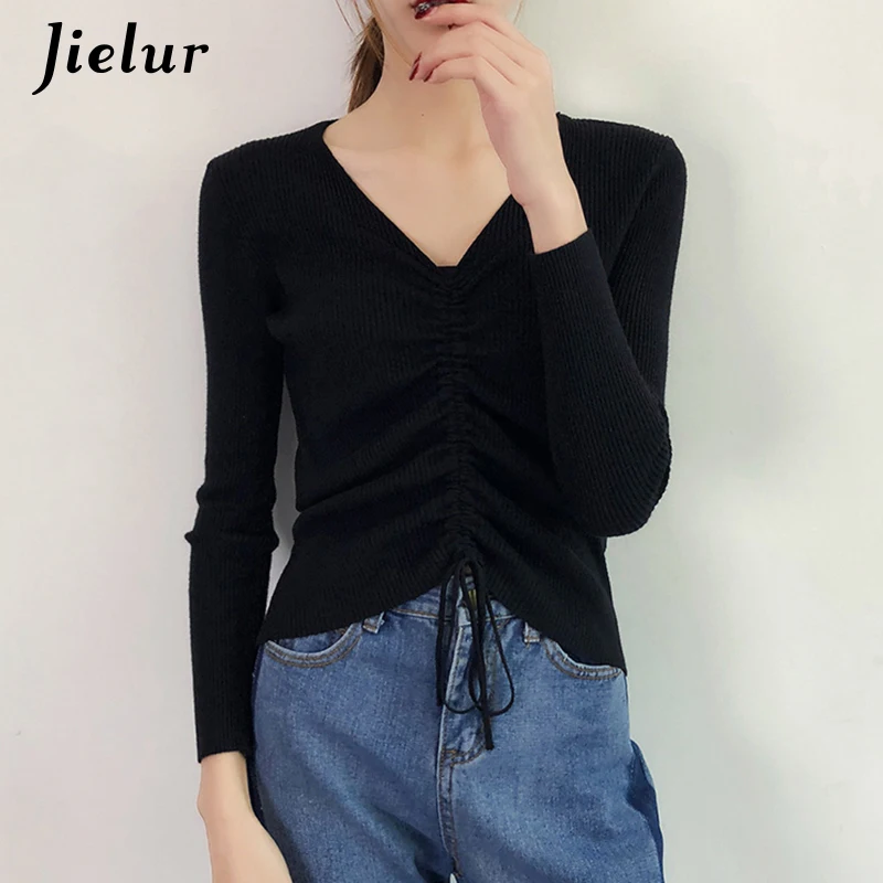 Элегантные однотонные свитера Jielur для женщин шикарные женские топы с кулиской и