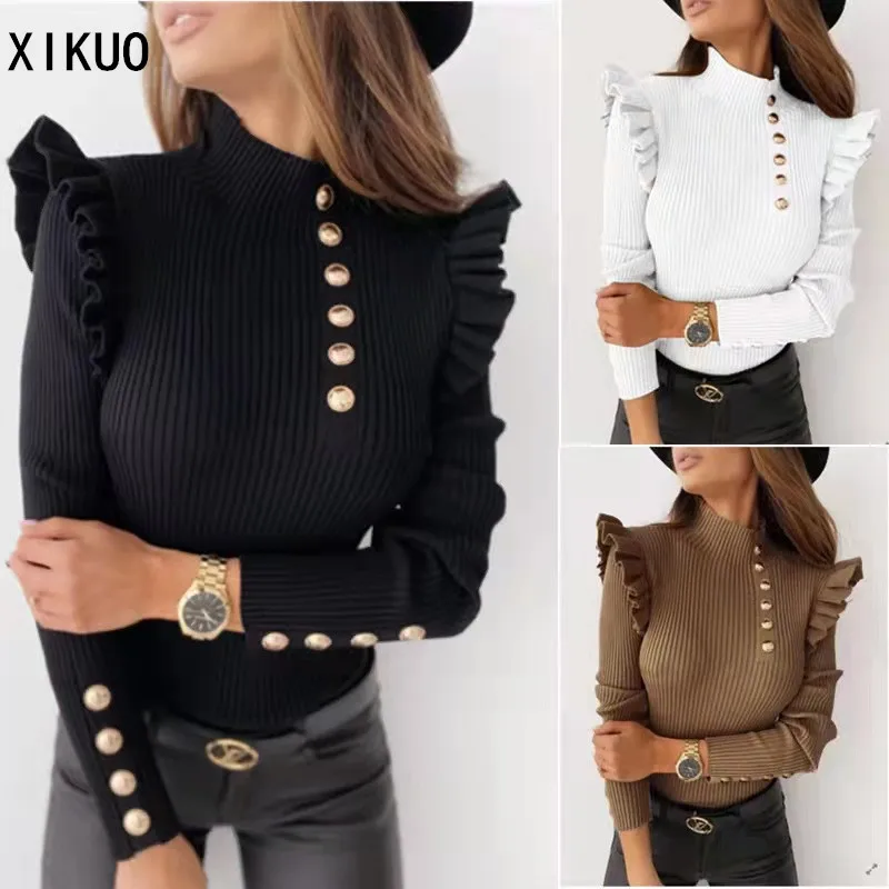 

2021 Fall/winter Ruffled Long-sleeved Striped Button Top, Base Coat, Solid Color Temperament Women's Clothing-LT