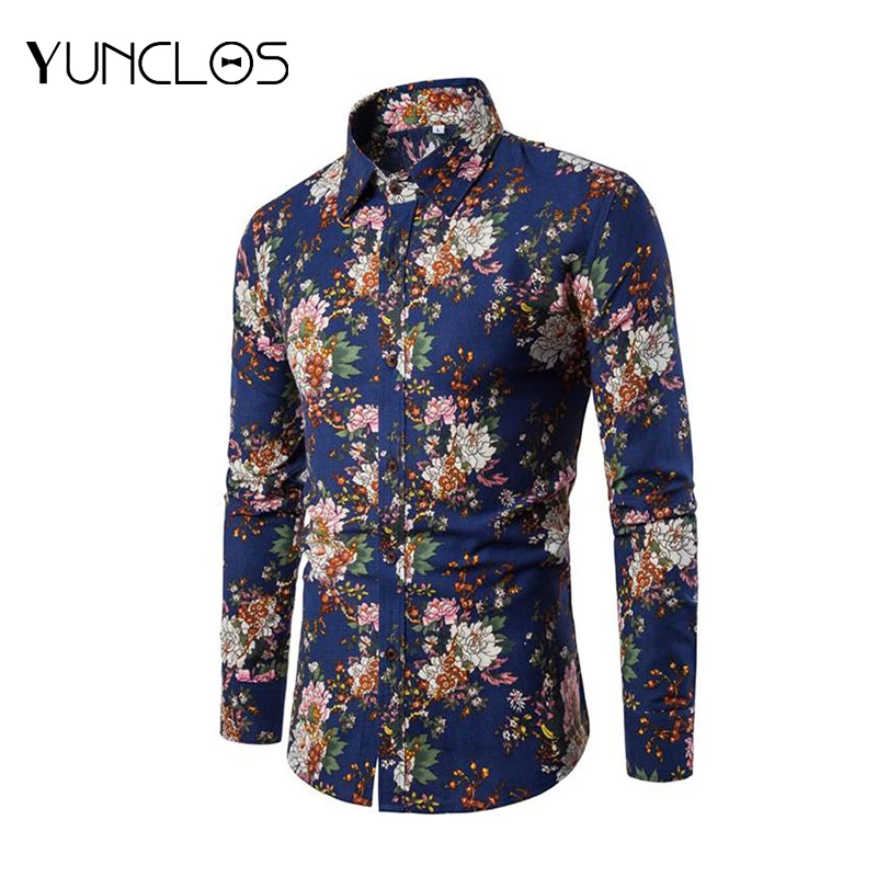 Мужская рубашка из льна с длинным рукавом в этническом стиле повседневная яркая