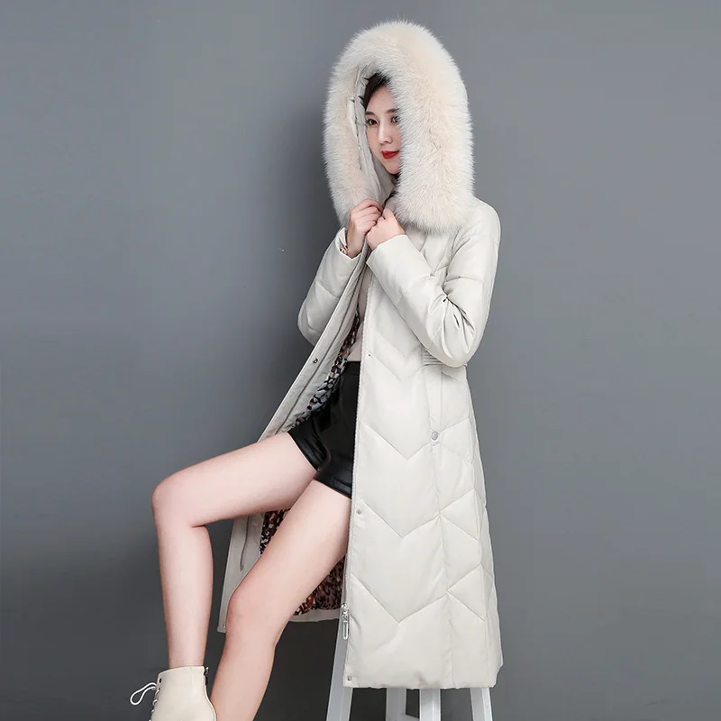 New Women Sheep Leather Down Jacket Autumn Winter 2022 Real Fox Fur Collar Hooded Thick Warm Sheepskin White Duck Down Coat
