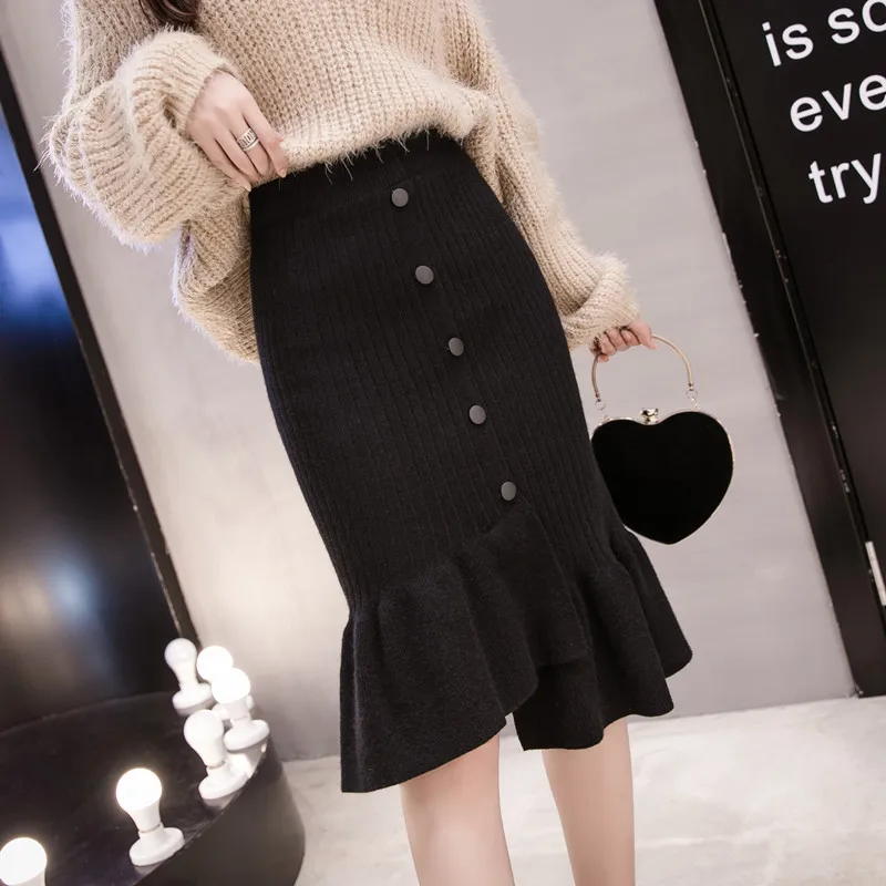 Осенне-зимняя женская трикотажная юбка на бедрах высокая посадка пуговице Falbala