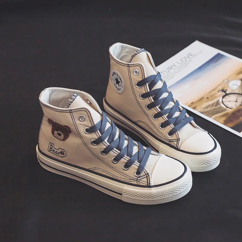 

2021 spring style breathable rubber flat-soled sneakers bear high top fashion and comfortable designer black canvas shoes women