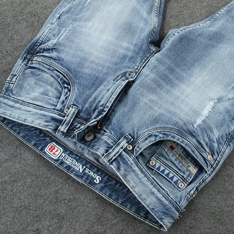 European American Vintage Fashion Men Jeans Retro Light Blue Elastic Slim Fit Ripped Jeans Men Korean Style Denim Pencil Pants