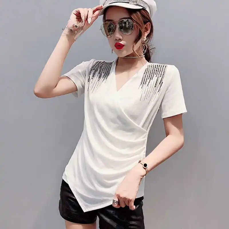 

Summer Short Sleeve Beading Diamonds White Tshirt Women High Street V-Neck Slim Cotton Bottoming Tops T-Shirt New Office Wear