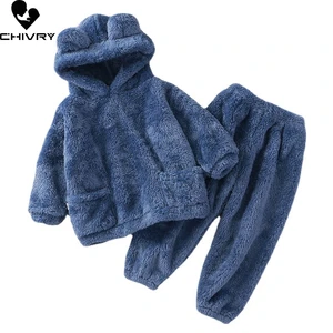 New Kids Flannel Pajama Sets Boys Girls Autumn Winter Thicken Warm Home Wear Children Hooded Long Sleeve Sleeping Clothing Sets
