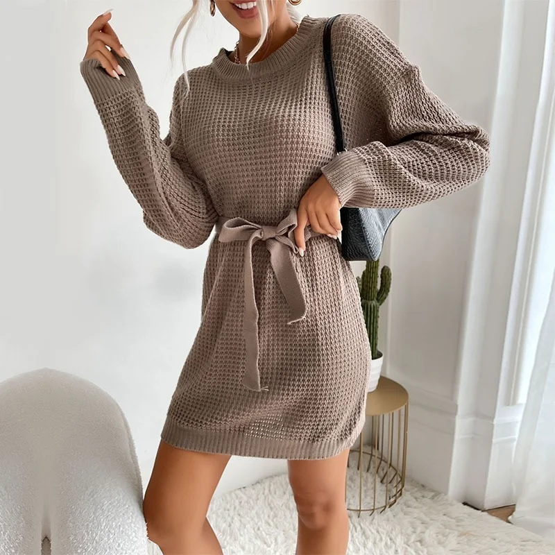 

Autumn Winter Causal O-neck Long Sleeve Tunics Mini Belt Sweater Dress Solid Brown Knitted Office Outfits Ladies Vintage Vestido
