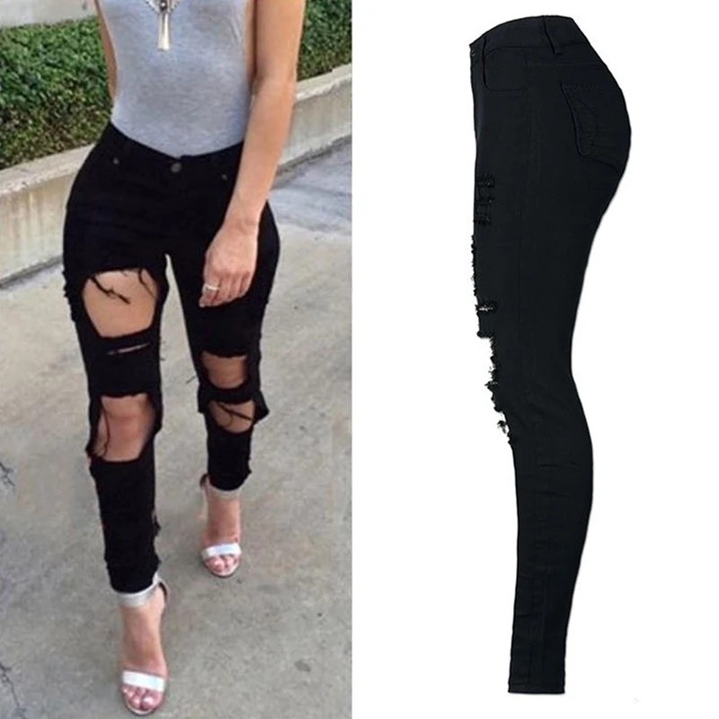 2019 джинсы для женщин черные с высокой талией женские нестандартные дырочки