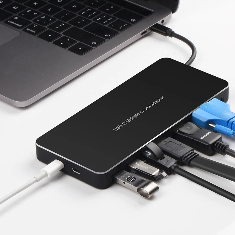 

9 in 1 USB C HUB, Including DP + HDMI + VGA + Gigabit Ethernet Port + USB 3.0 + Type-C Port for Laptop PC