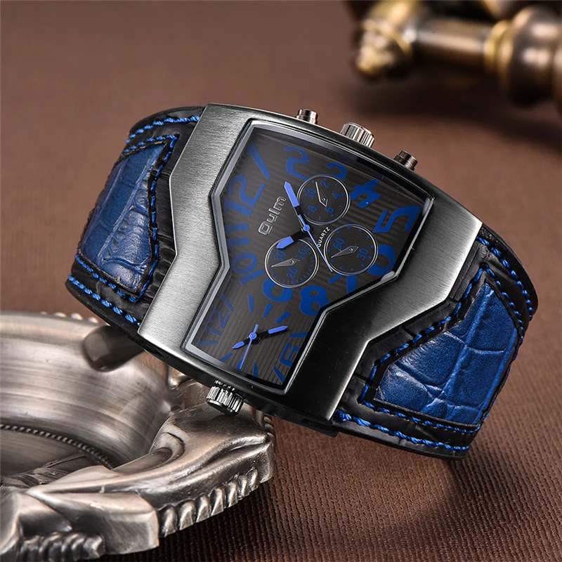 Часы Oulm 1220 мужские с двумя часовыми поясами повседневные часы кожаным ремешком