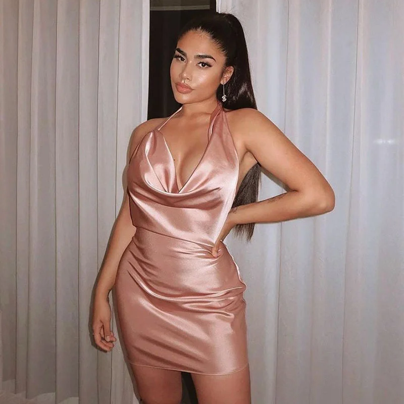 

2021 Summer Halter Sexy Satin Bodycon Mini Dresses For Women Elegant Backless Evening Party Bandage Dress Casual Club Outfits