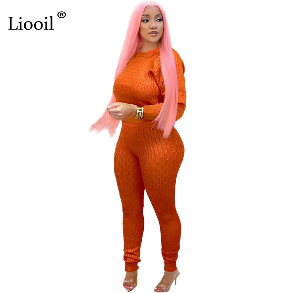 Оранжевый Liooil, вязаный комплект из двух предметов, свитер, топ и штаны, с длинным рукавом, с круглым вырезом, облегающие, вечерние, для ночного клуба, наряды для женщин, подходящие комплекты - Цвет: Оранжевый