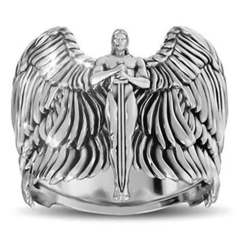 

Trendy Men's Ring Retro Angel Wings Cross Signet Rings For Men Vintage Goddess Of Justice Anillos Viking Jewelry