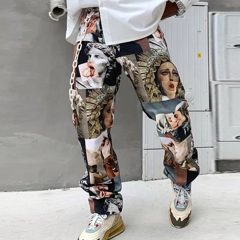 

2021 Summer New Men's Printed Straight Pants Loose Mid-waist Casual Pants Trendy Fashion Hip Hop Face Pants street wear pants